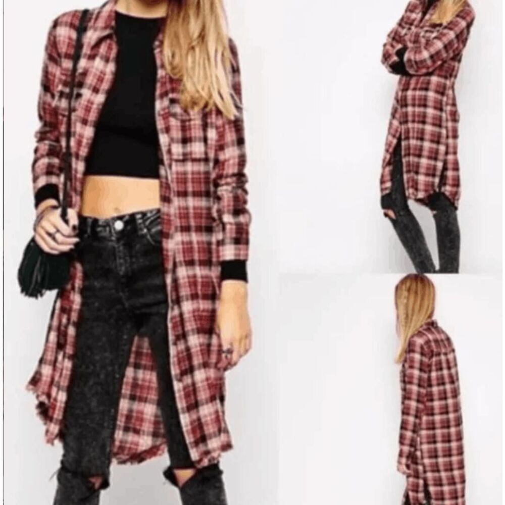 Free People 8 Days a Week Plaid Shirt Dress Button Front Distressed Oversized XS